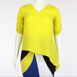 Karen Kane Neon V-neck Asymmetrical Hem Blouse SZM